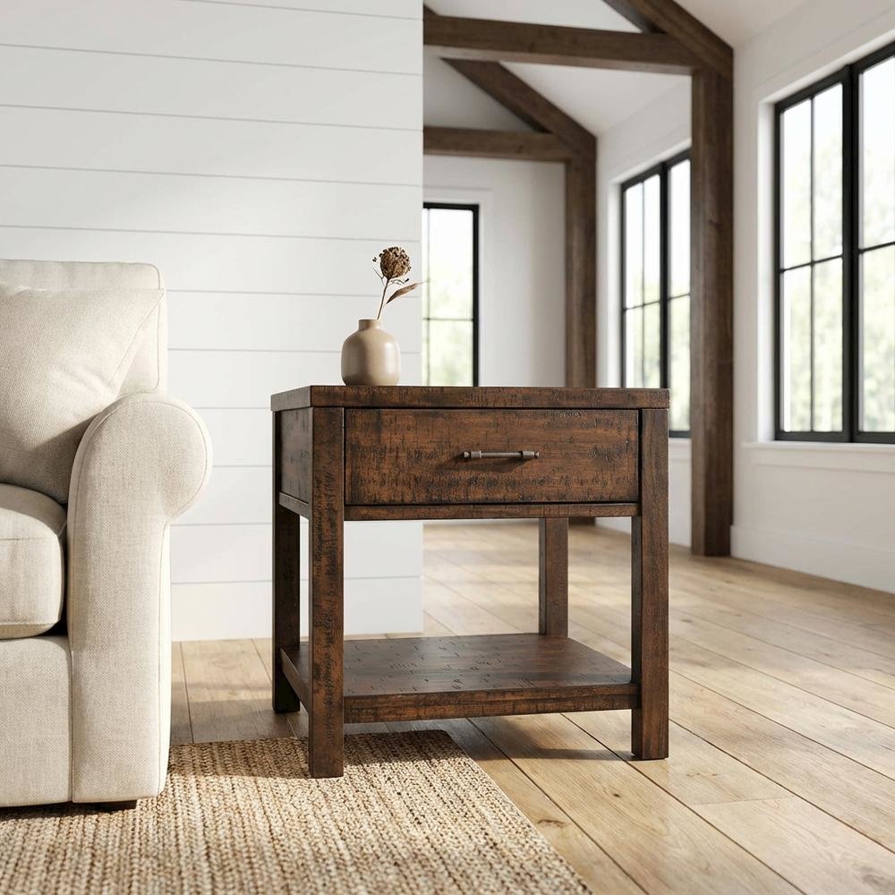Transitional End Table with Drawer, Wood Accent Side Table for Living Room,Brown