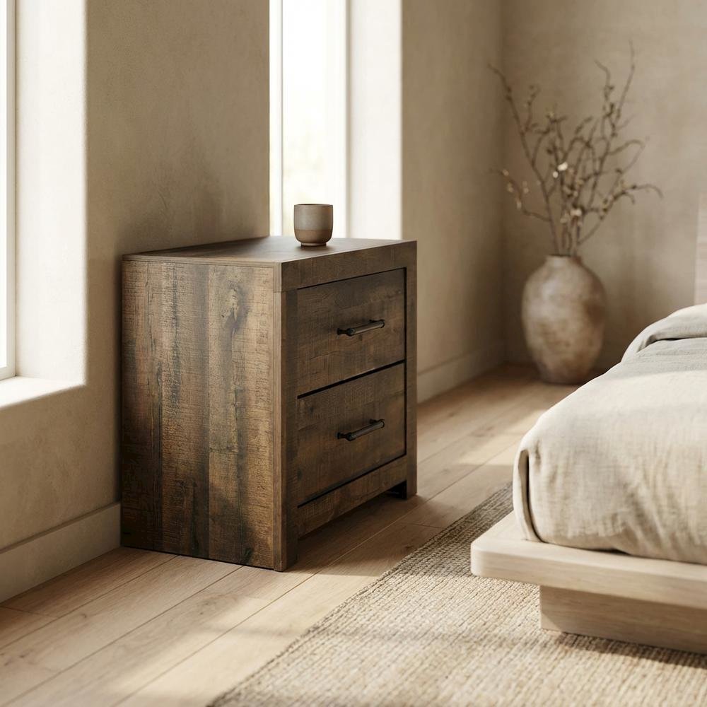 2-Drawer Nightstand with Storage, Farmhouse Bedside Table for Bedroom,Brown