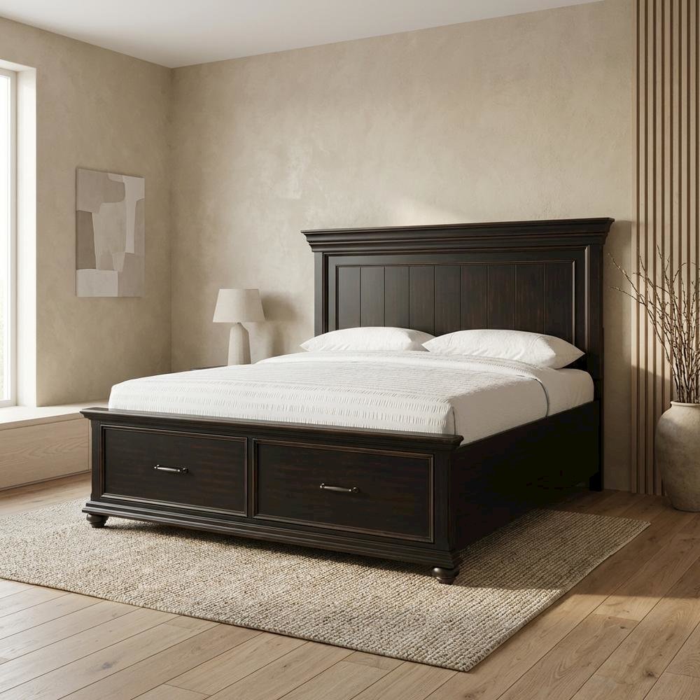 King Platform Storage Bed with Drawers, Traditional Wood Bed Frame,Black