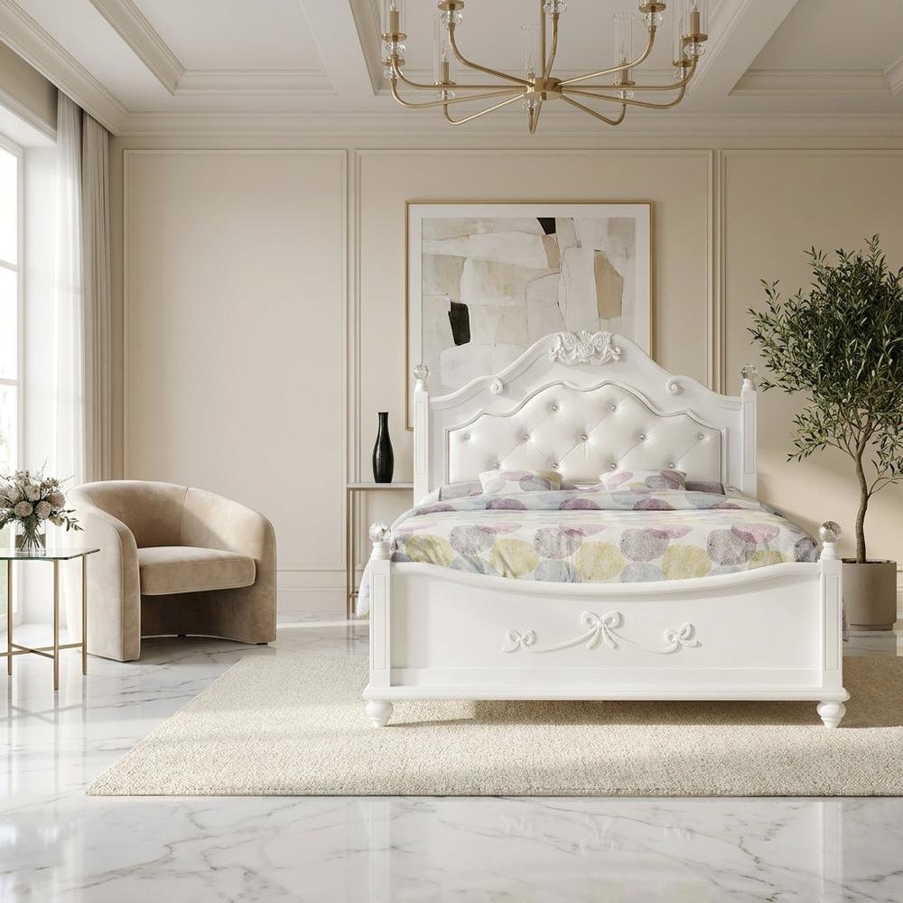 Okume Wood Full Platform Bed Frame with Headboard, Traditional Style, White