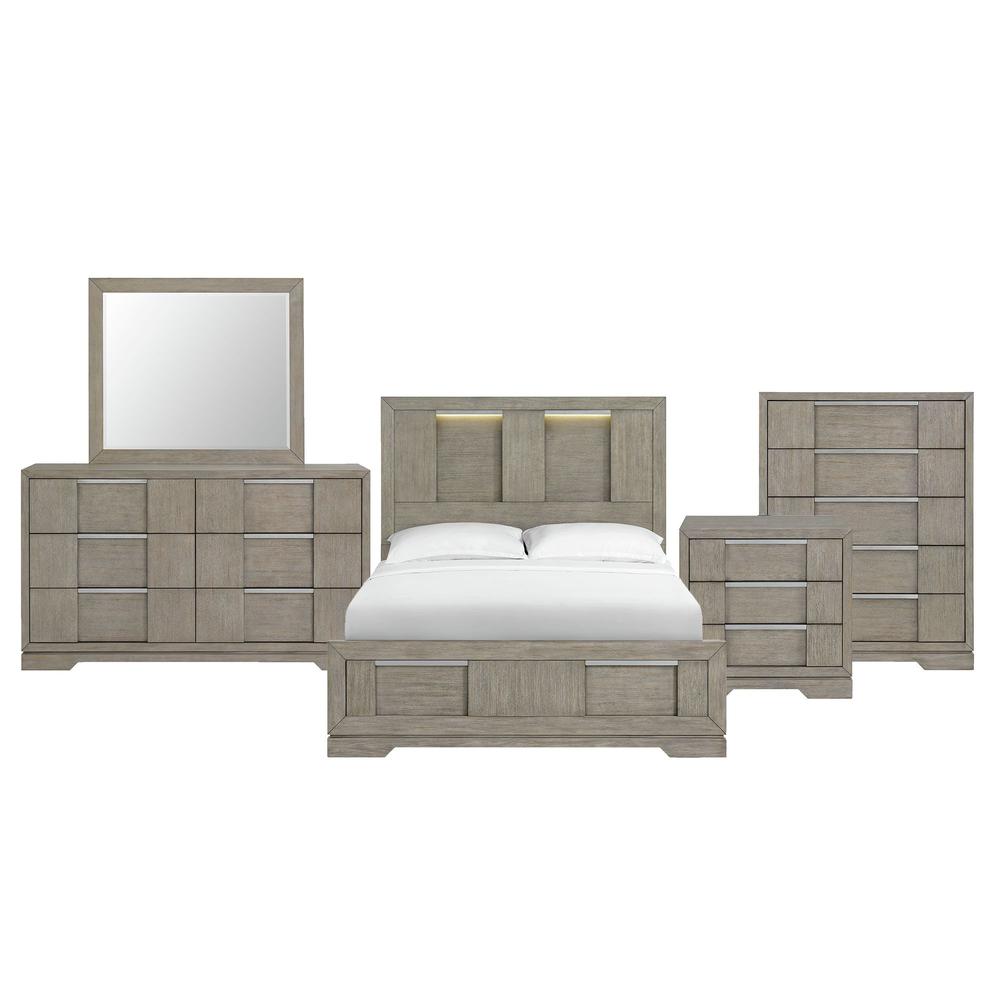 Argo Queen Panel 5PC Bedroom Set with LED in Grey