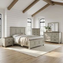 Acacia Panel Queen Bed, Mirror, and Nightstand Farmhouse Set, Medium Brown