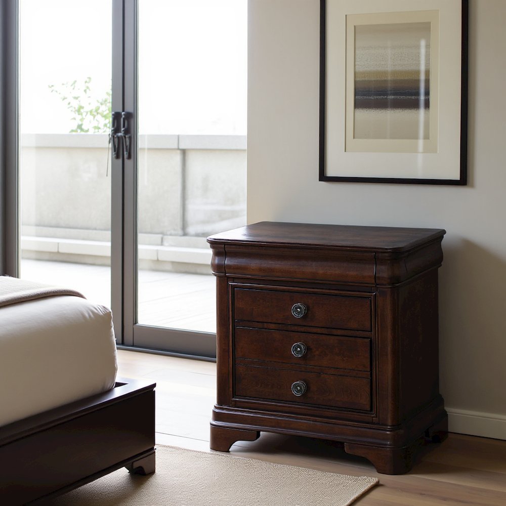 Elegant Wooden Nightstand with Drawer in Cherry Finish, Dark Wood Design