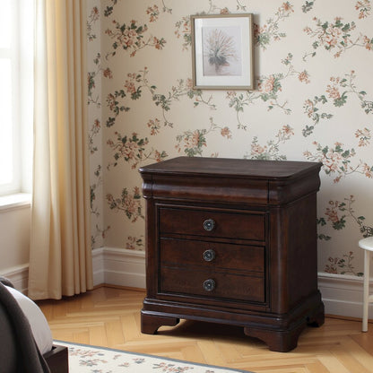 Elegant Wooden Nightstand with Drawer in Cherry Finish, Dark Wood Design