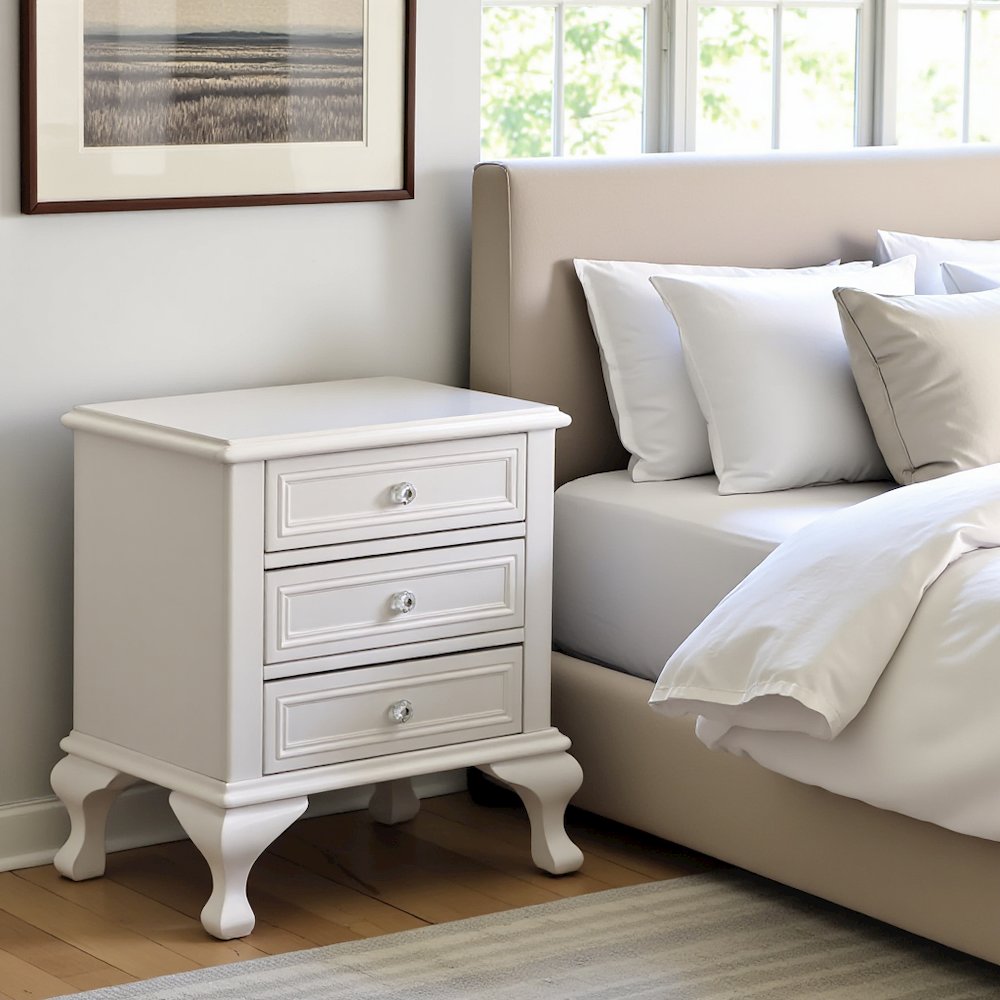 White Vintage 3-Drawer Nightstand with Acrylic Knobs
