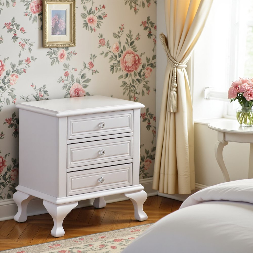White Vintage 3-Drawer Nightstand with Acrylic Knobs