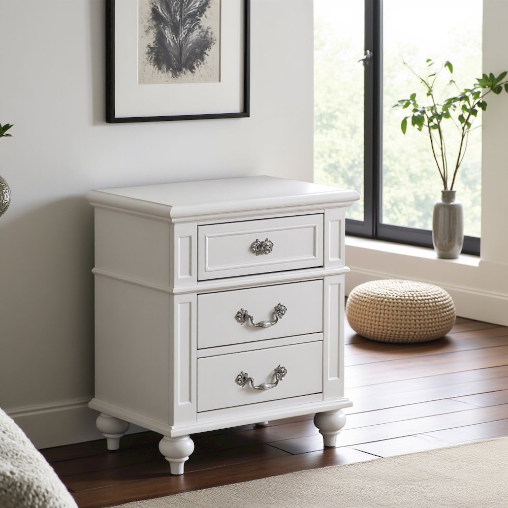 Elegant White Nightstand with Three Drawers for Bedroom Storage