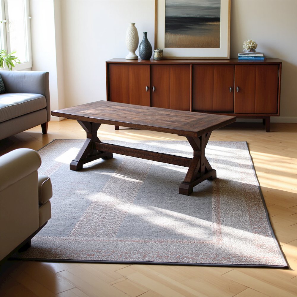 Brown Acacia Veneer Trestle Coffee Table