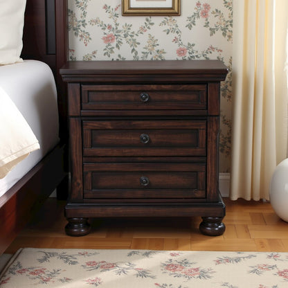 Wooden Nightstand with USB, Cherry Veneer, and Dark Metal Finish Knobs