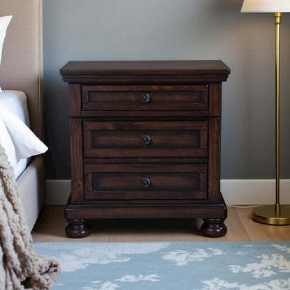 Wooden Nightstand with USB, Cherry Veneer, and Dark Metal Finish Knobs