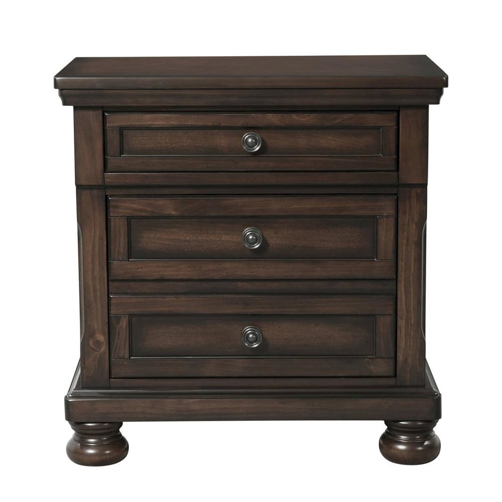 Wooden Nightstand with USB, Cherry Veneer, and Dark Metal Finish Knobs