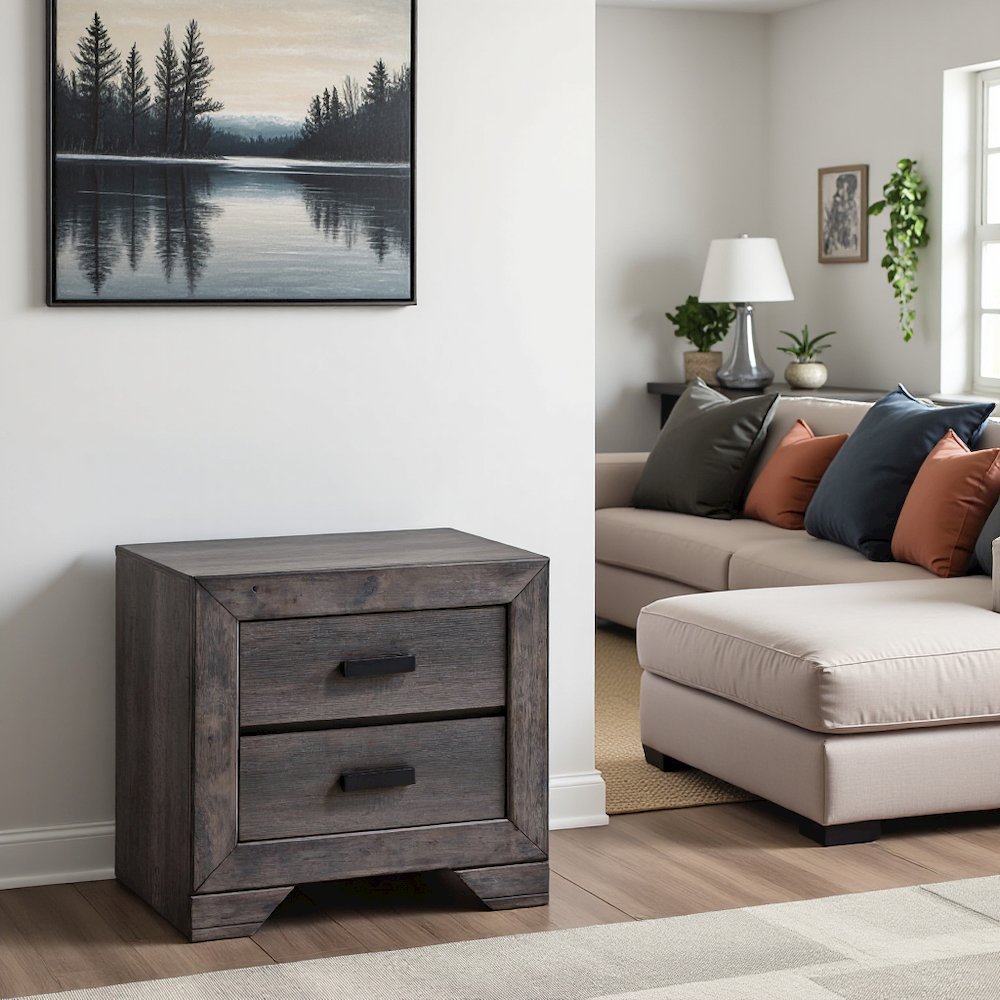 Gray Oak 2-Drawer Wooden Nightstand for Modern Bedroom Furniture