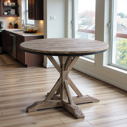 Round Beach Dining Table with Acacia Wood and Metal Base for Kitchens