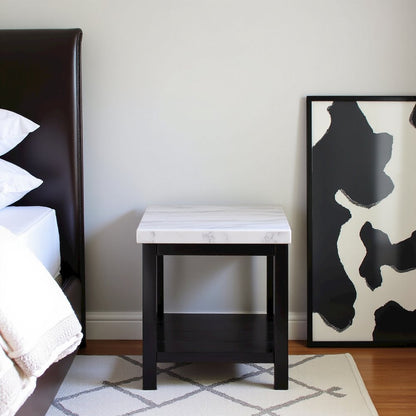 White Marble Square Console Table with Acacia Base for Living Room