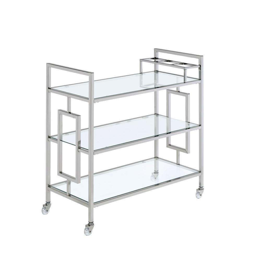 Chrome Glass Bar Cart with Wheels for Serving Drinks and Entertaining