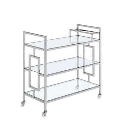 Chrome Glass Bar Cart with Wheels for Serving Drinks and Entertaining