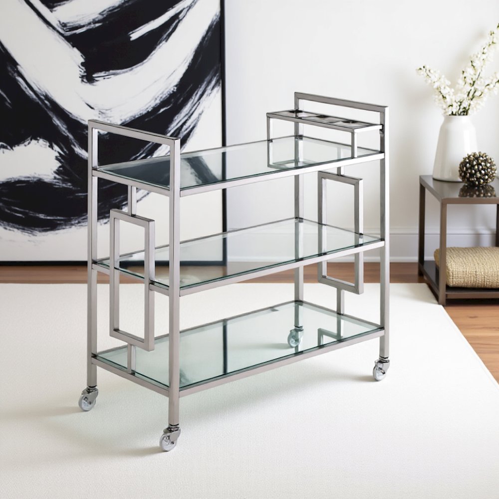 Chrome Glass Bar Cart with Wheels for Serving Drinks and Entertaining