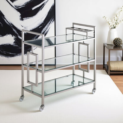 Chrome Glass Bar Cart with Wheels for Serving Drinks and Entertaining