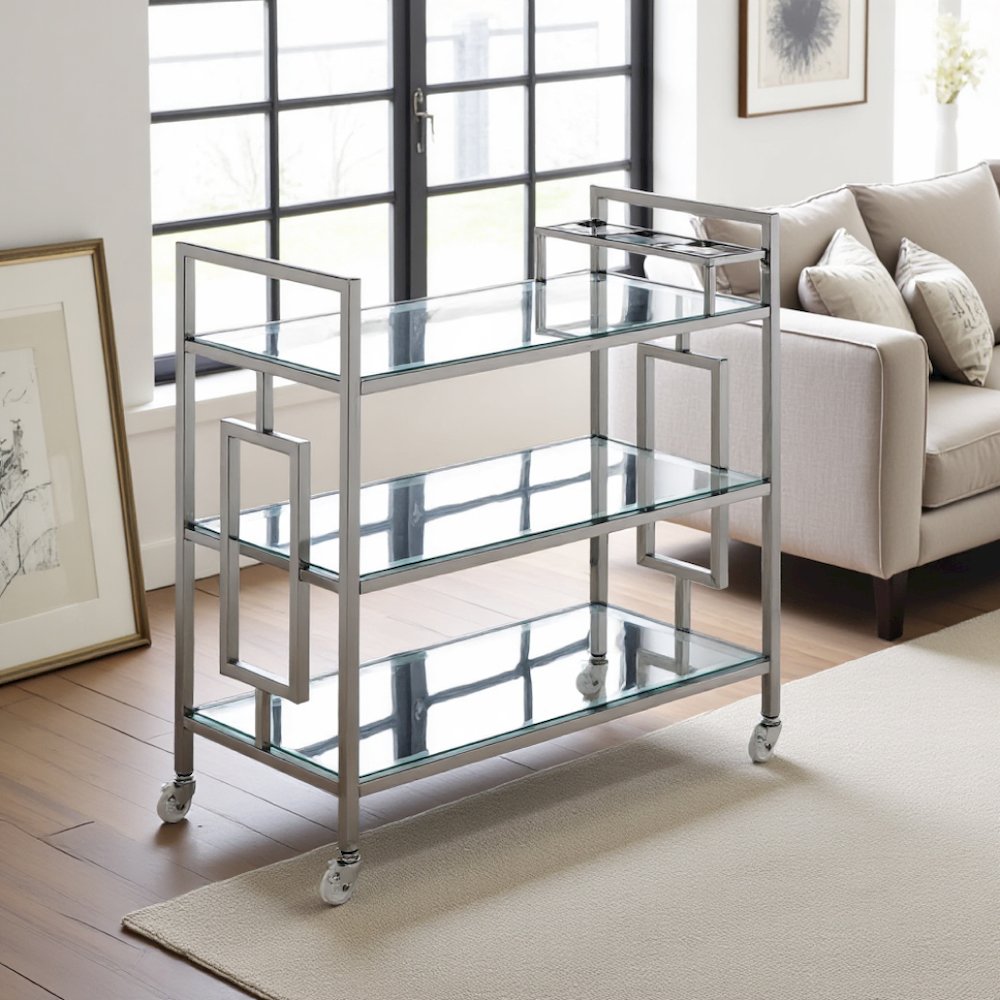 Chrome Glass Bar Cart with Wheels for Serving Drinks and Entertaining