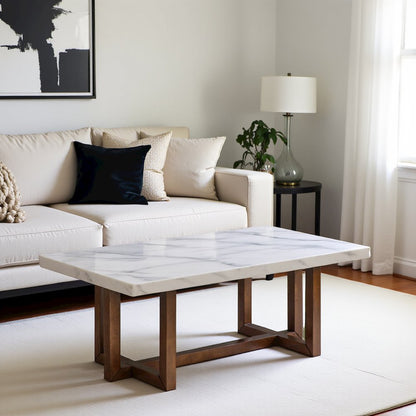 White Marble Rectangular Coffee Table, Rubberwood Base
