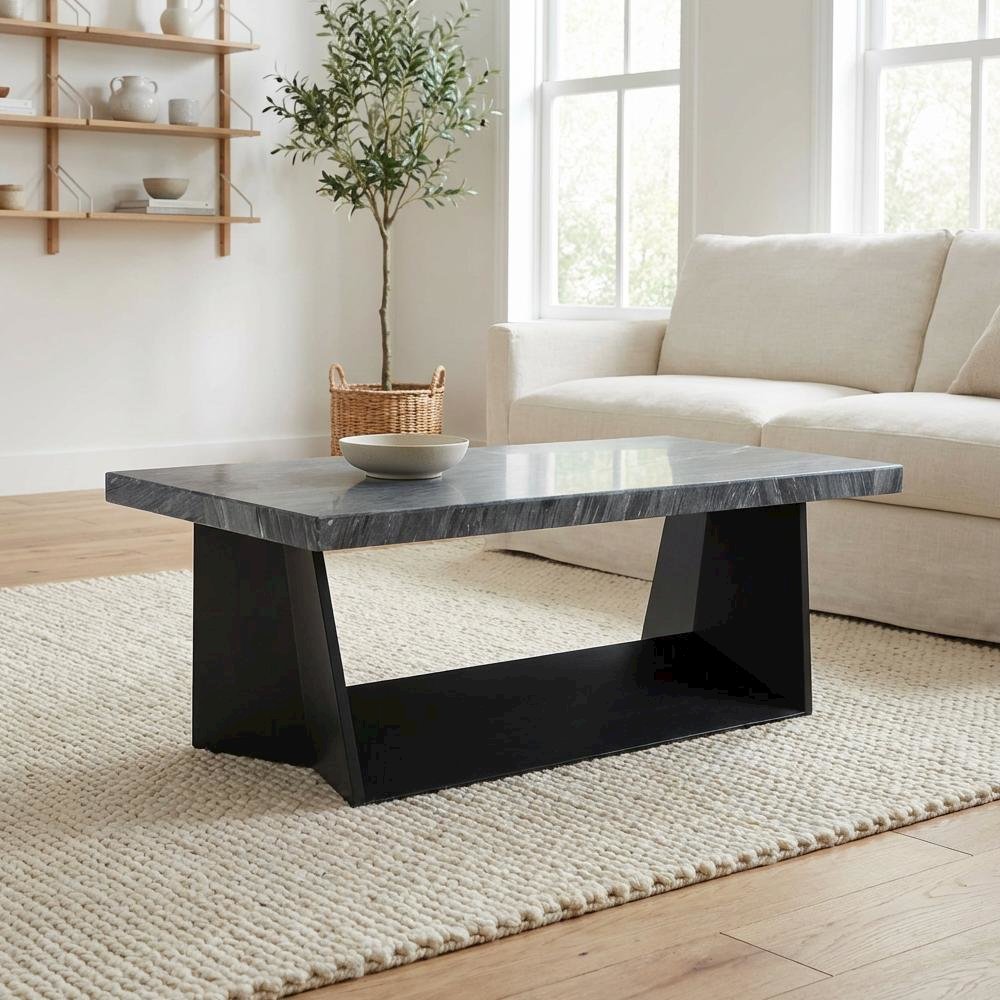 Coffee Table Marble Top Dark Finish with Glam Design and Sturdy Base