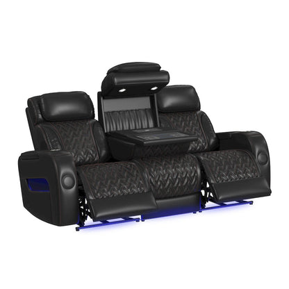 P3 3PC Living Room Set in Jett Black with Red Stitching-Sofa,Loveseat & Recliner