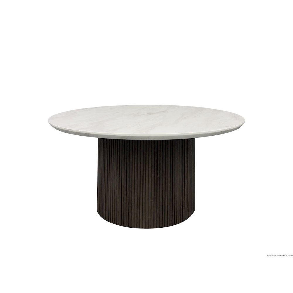 Sylvie Round Coffee Table with White Faux Marble Top and Base in Dark Brown