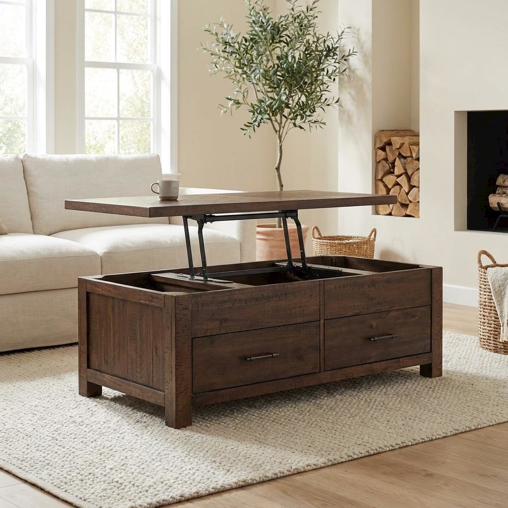 Cherry Lift Top Coffee Table with Storage Drawer and Transitional Design