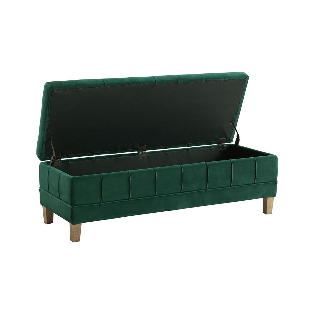 Green Tufted Storage Ottoman Bench with Rubberwood Frame for Entryway