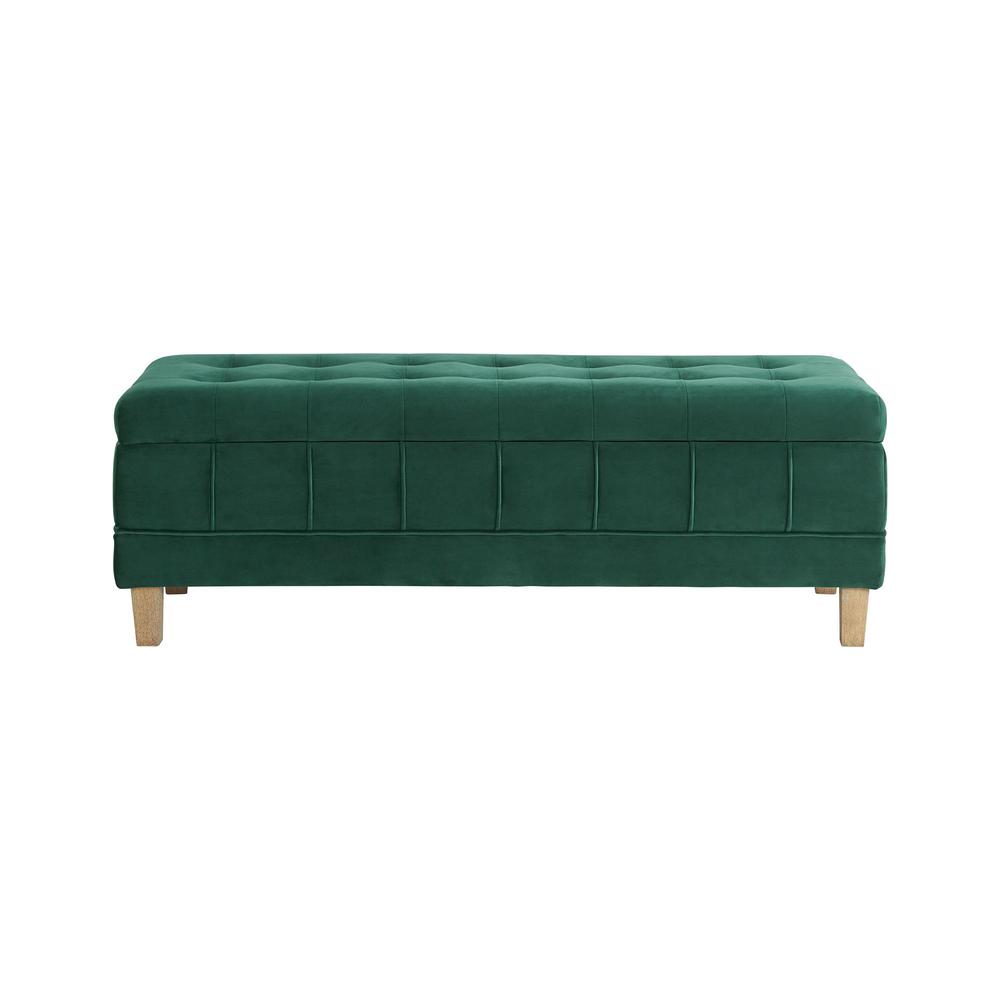 Green Tufted Storage Ottoman Bench with Rubberwood Frame for Entryway