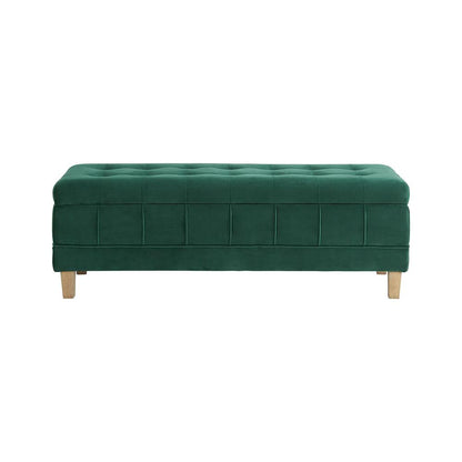 Green Tufted Storage Ottoman Bench with Rubberwood Frame for Entryway