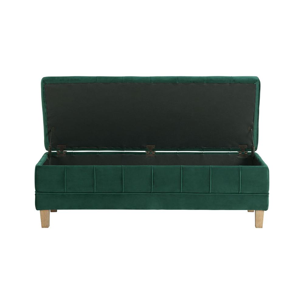 Green Tufted Storage Ottoman Bench with Rubberwood Frame for Entryway