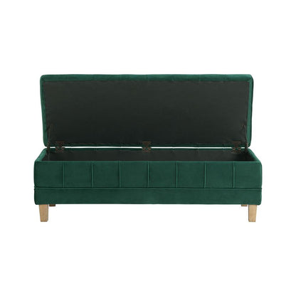 Green Tufted Storage Ottoman Bench with Rubberwood Frame for Entryway
