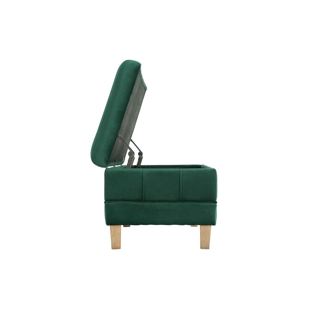Green Tufted Storage Ottoman Bench with Rubberwood Frame for Entryway