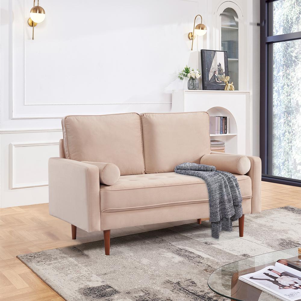 57 Inch Wide Upholstered Two Cushion Loveseat with Bolster Pillows