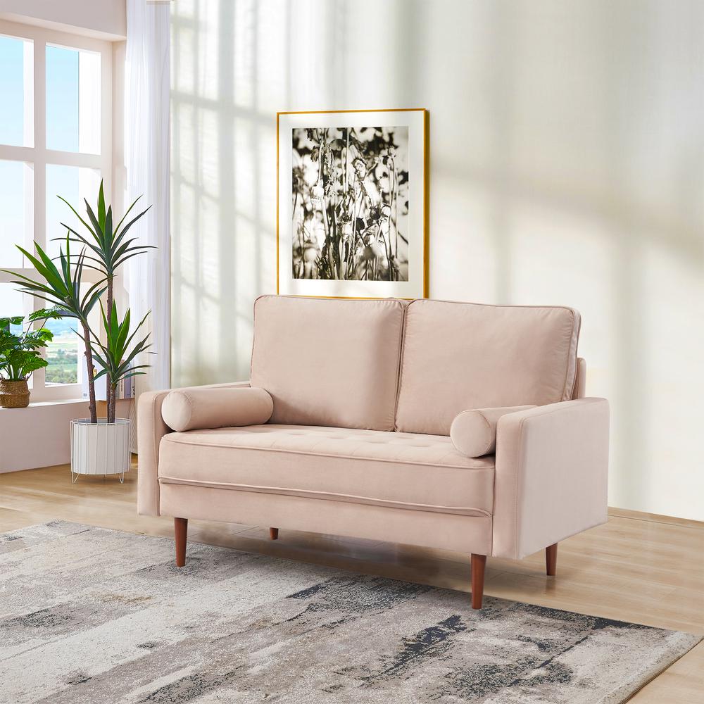 57 Inch Wide Upholstered Two Cushion Loveseat with Bolster Pillows