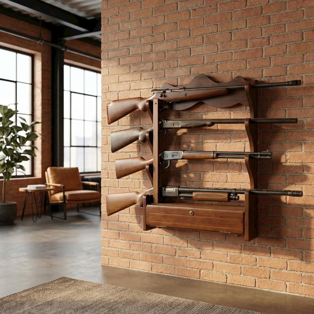 Wood Gun Wall Rack with Locking Storage Compartment for Security