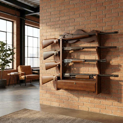 Wood Gun Wall Rack with Locking Storage Compartment for Security