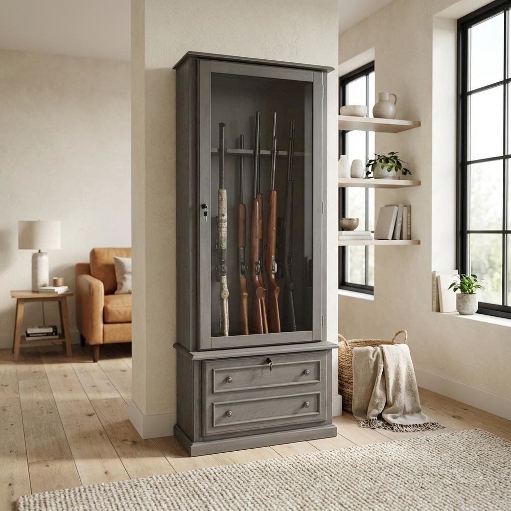 Grey Gun Cabinet With Secure Storage For Firearms And Accessories