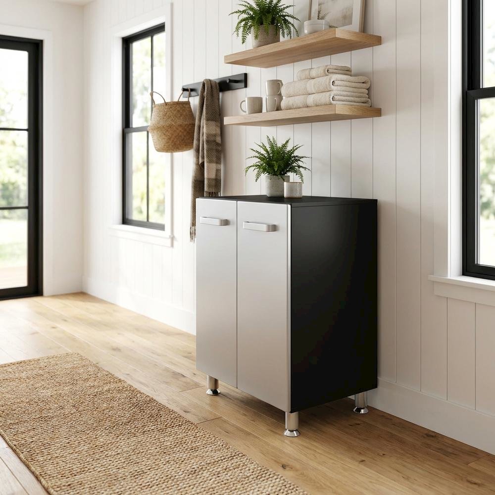 Metal Storage Cabinet With Black And Silver Finish For Garage Organization
