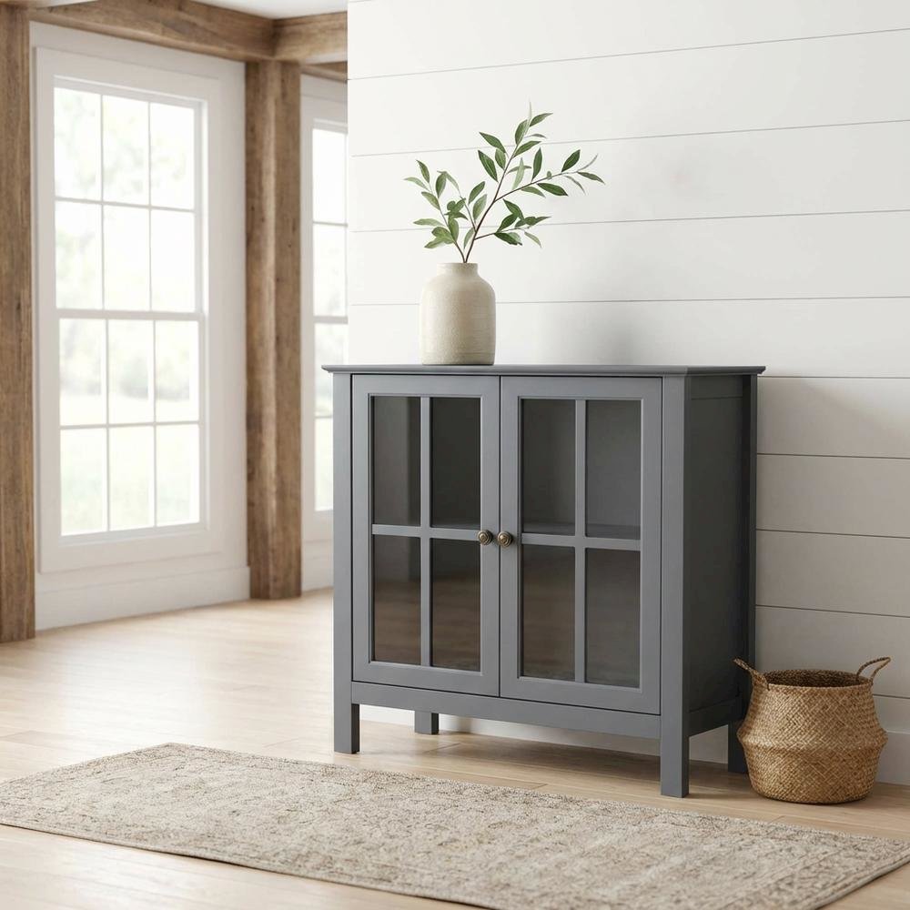 Dark Gray Glass Door Accent Cabinet with Fiberboard Construction
