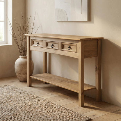 Brown wood hall table with three drawers and sleek design