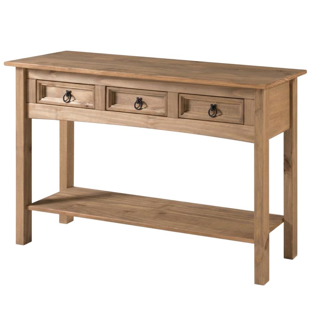 Brown wood hall table with three drawers and sleek design
