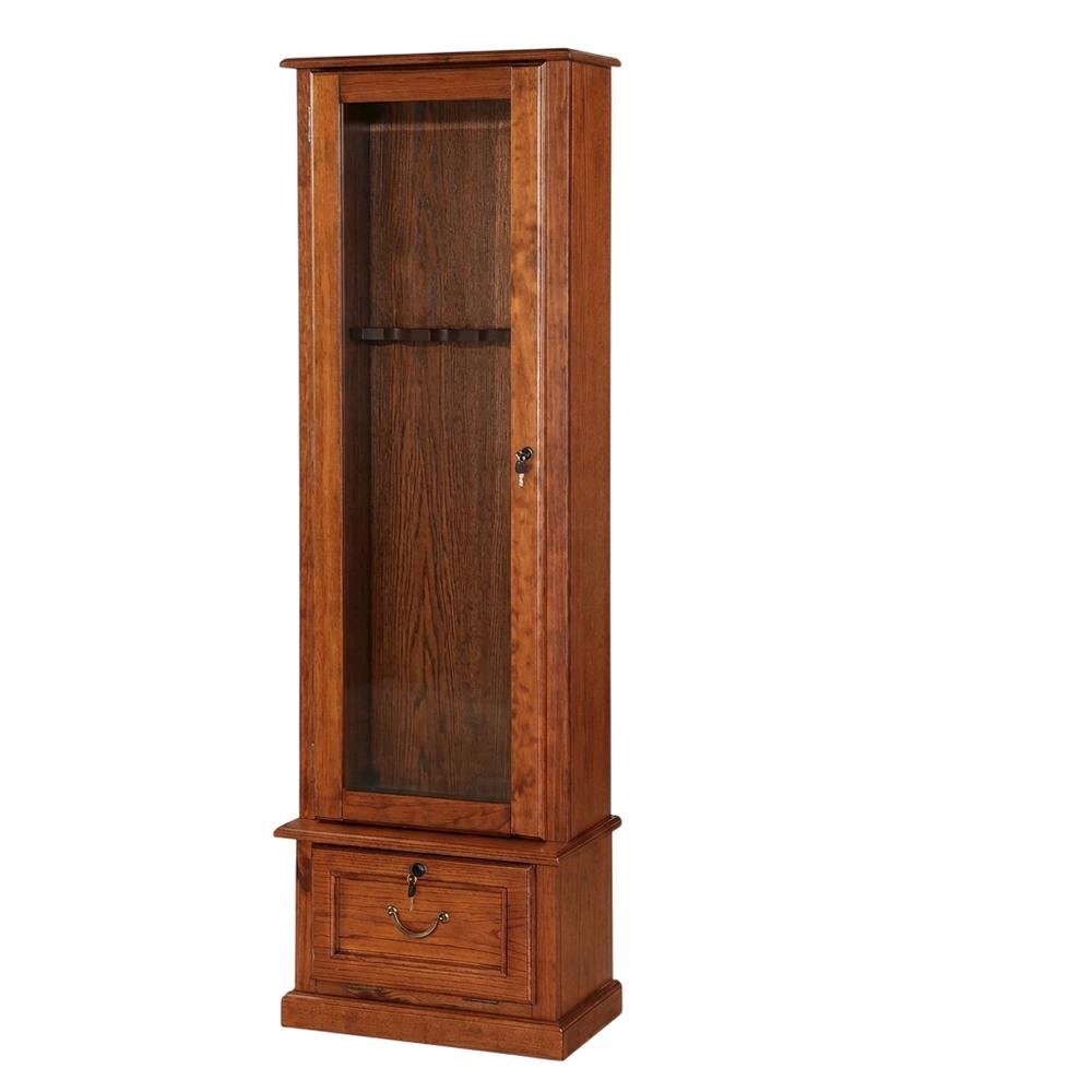 Wood Gun Cabinet with Lockable Tempered Glass Door and Drop-Down Storage