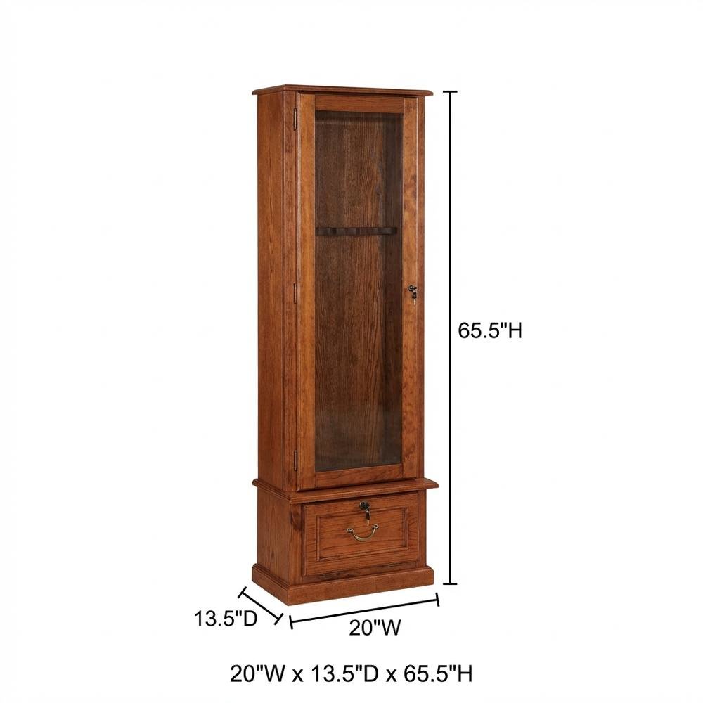 Wood Gun Cabinet with Lockable Tempered Glass Door and Drop-Down Storage