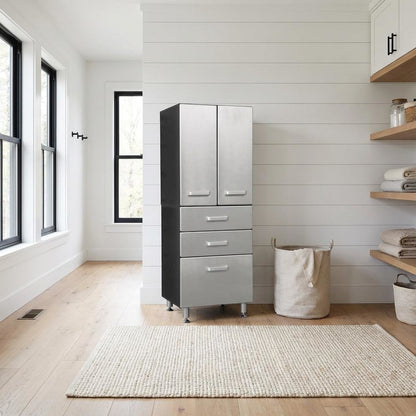Black Metal Garage Storage Cabinet With 2 Doors And 3 Drawers For Organization