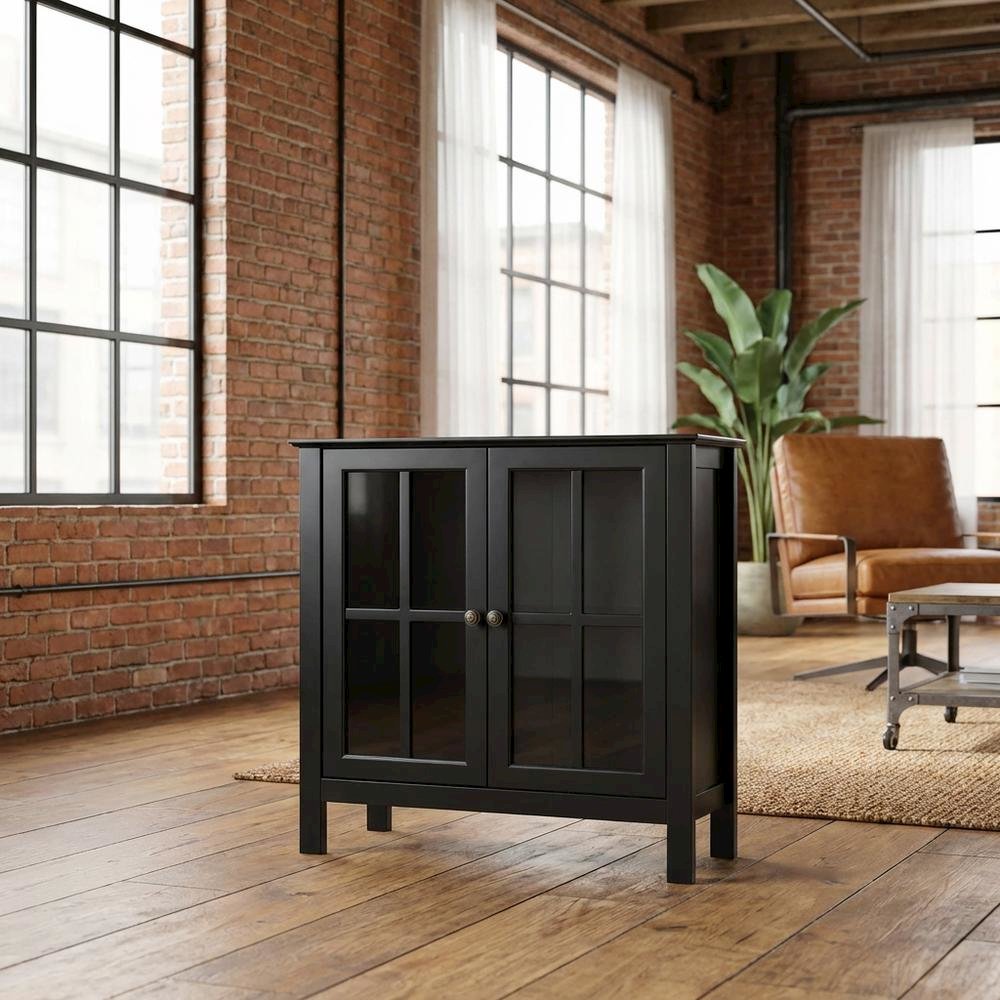 Black Glass Door Accent Cabinet with Display Storage and Fiberboard Construction