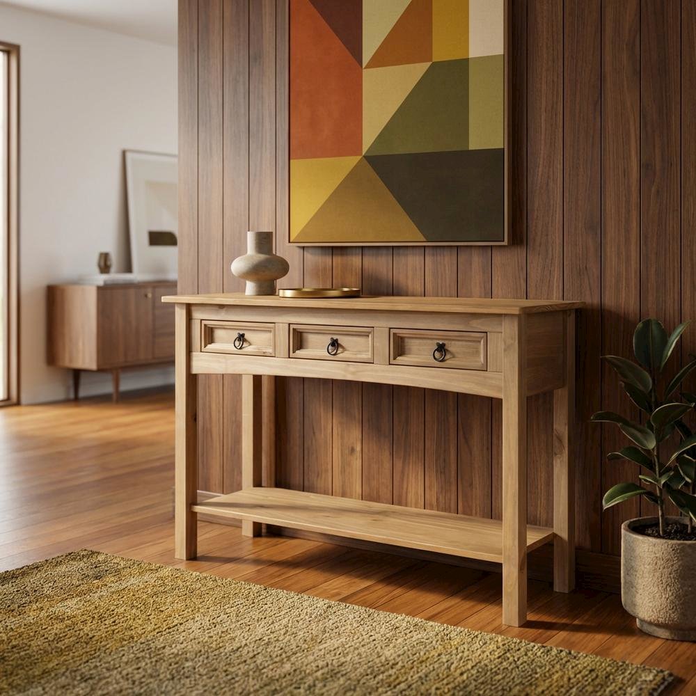 Brown wood hall table with three drawers and sleek design