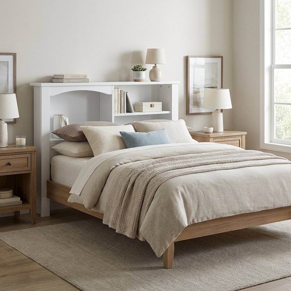 White Twin Bookcase Headboard with Storage Shelves for Bedroom Organization