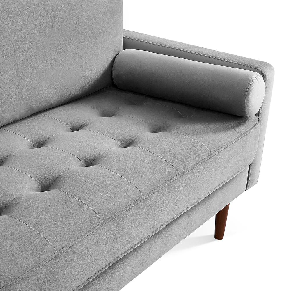 69 Inch Wide Upholstered Two Cushion Sofa with Bolster Pillows in Grey Velvet